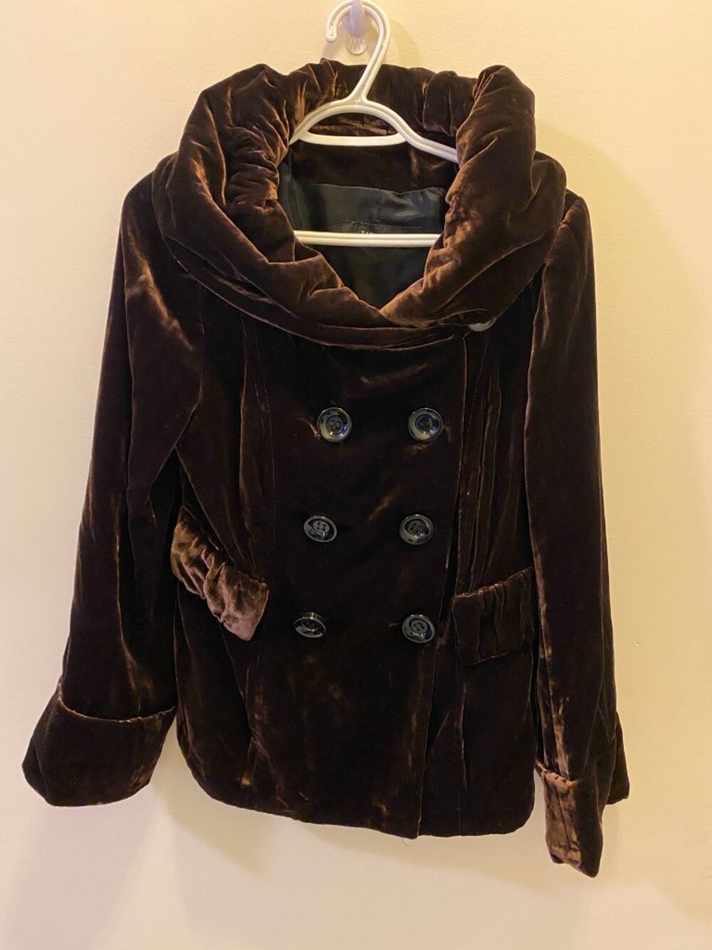 ZARA Basic Dark Brown Velvet Double-Breasted Hooded Coat — Size L